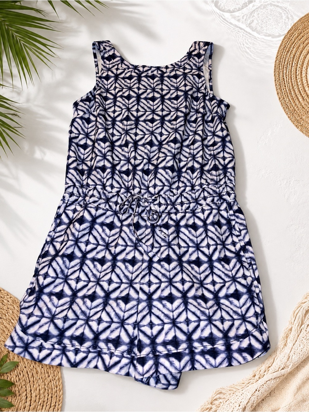 Athleta Navy & Soft White Tie Front Romper With Pockets Small EUC